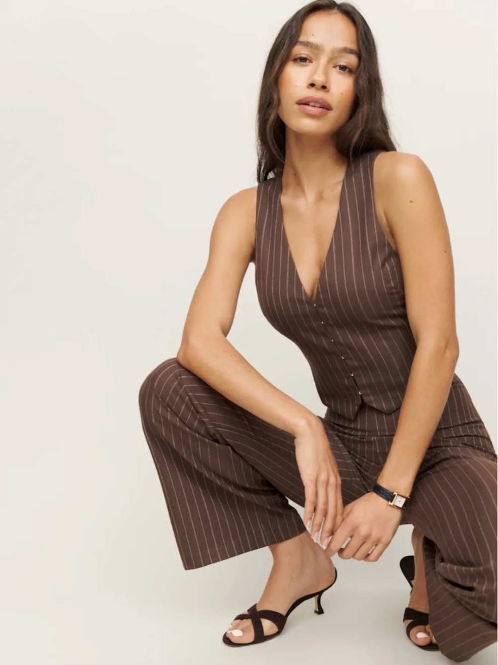 Reformation Cohen Two Piece Brown Pinstripe Vest & Flared Pants Set Size 8 New